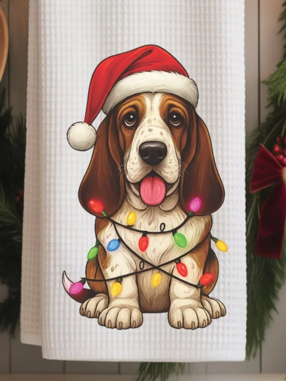 Basset Hound Christmas Lights Decorative Kitchen Tea Towel